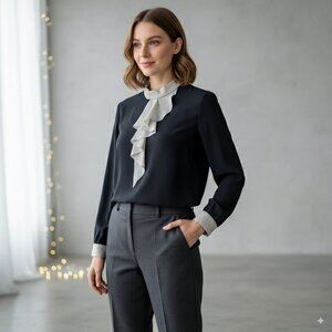 J.ING Contrast Ruffle Black Top Blouse